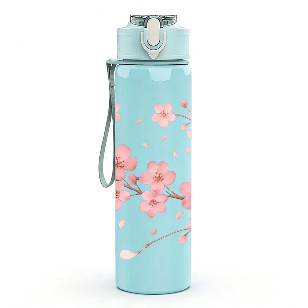 1PC Cherry Blossom Floral 750ml Color Plastic Sports Water Bottle Leakproof Flip Straw Lid For Sports Office Home Use