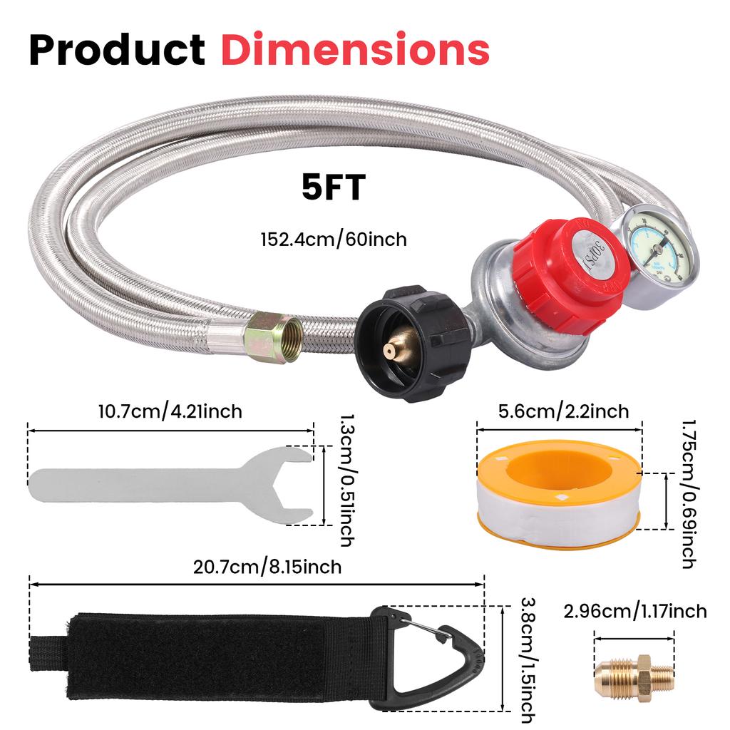Propane Regulator Stainless Steel Brass Propane Regulator Adjustable Heat Resistant Gas Grill Regulator Hose for Camping Stove