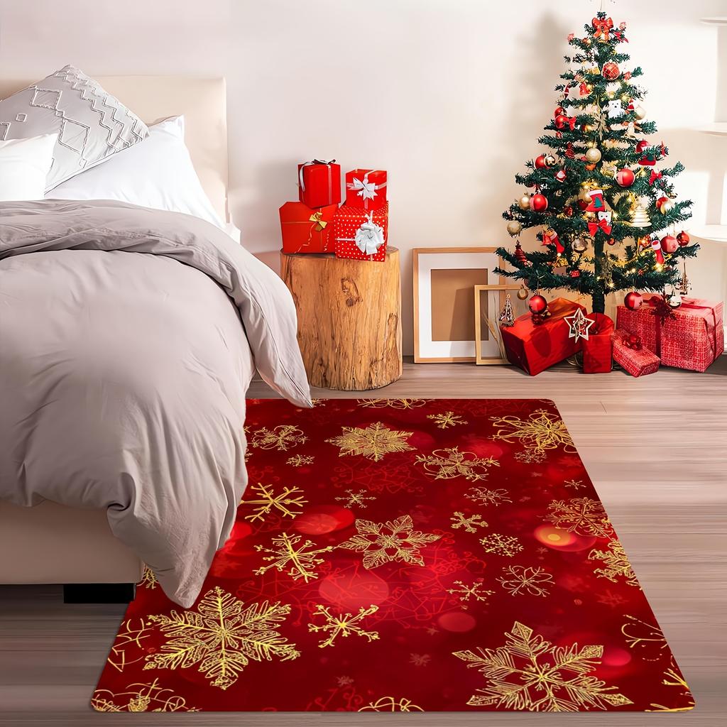 Golden Snowflake Christmas Area Mat - Soft, Absorbent Polyester Mat with Festive Red and Golden Design for Living Room, Bedroom,