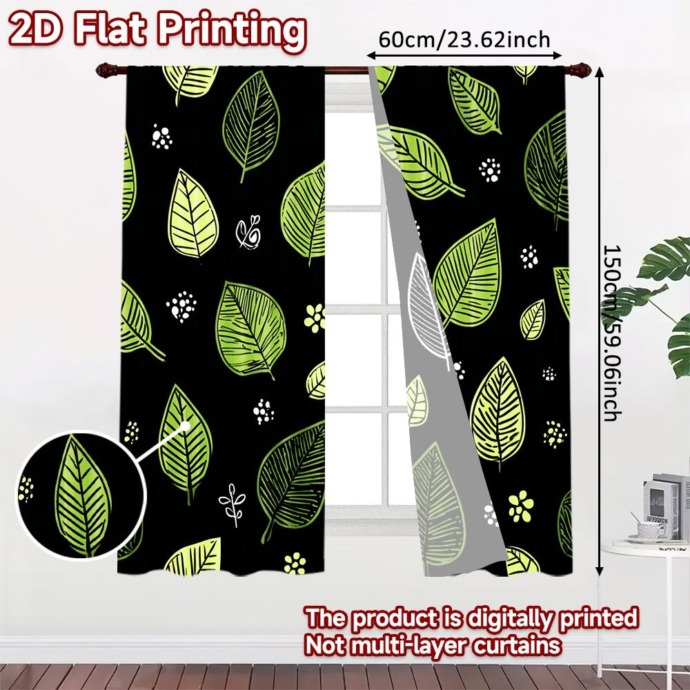 Set Of 2 Flat Printing Curtains Without Rod Green Leaf Design Dark Background April Fools Is Day Festival Fashion Curtain Polyester