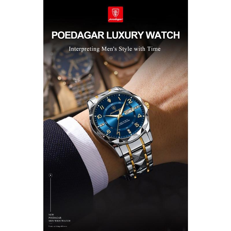 POEDAGAR Luxury Man Wristwatch Waterproof Luminous Date Week Watch Sport Stainless Steel Quartz Watches Male reloj+box