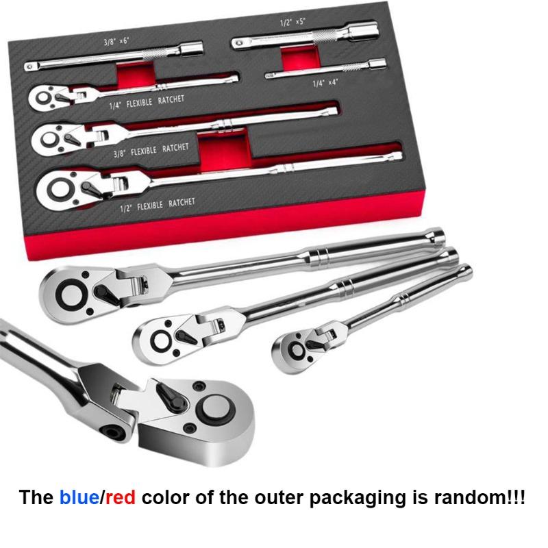 6PCS Ratchet Wrench Set 1/4 3/8 1/2 Inch Dual Pawl Ratchets with Extension Rod Chrome Molybdenum Steel Tool