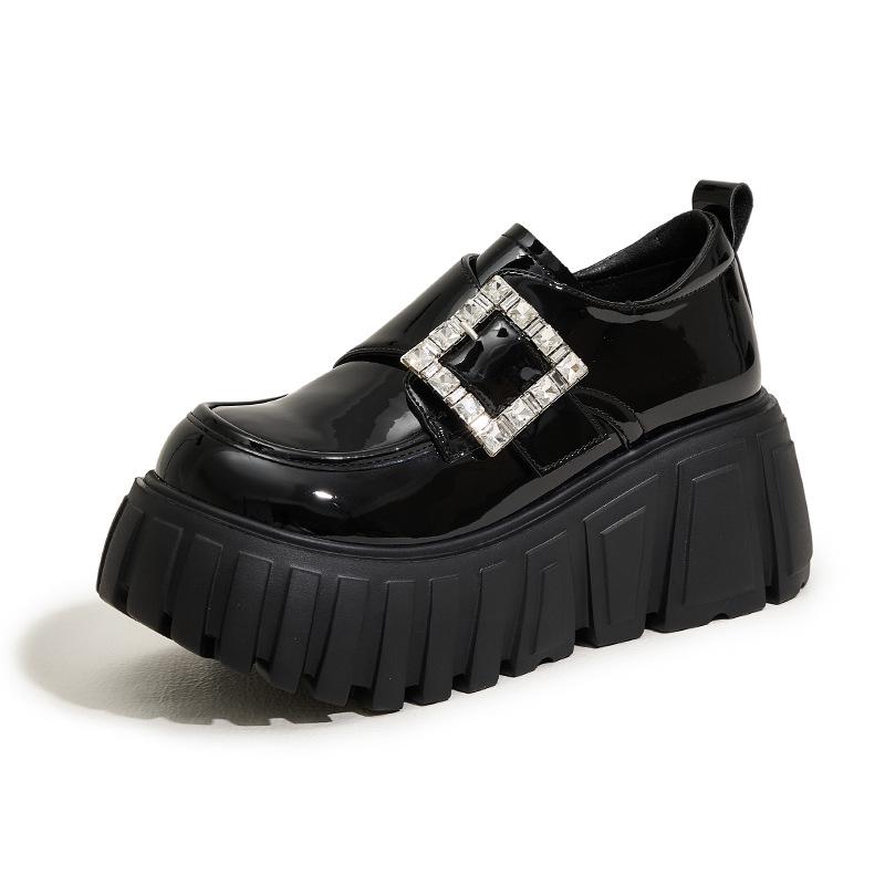 

Весна 2025 Женские черные кожаные мокасины на толстой подошве: Модные, универсальные, увеличивающие рост туфли на платформе 39 чёрный