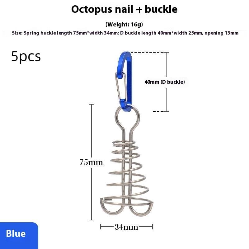 5pcs Outdoor Camping Octopus Rope Buckle Camping Deck Nail Stainless Steel Fixed Tent Rope Buckle Wooden Hook Spring Wind Rope синий