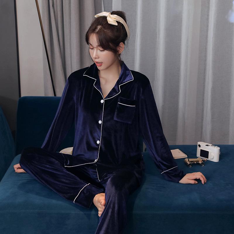 Couple's Gold Velvet Pajamas: Thin Fleece Two-Piece Set for Women & Men - Long Sleeve, Solid Color, Perfect for Spring & Autumn Homewear