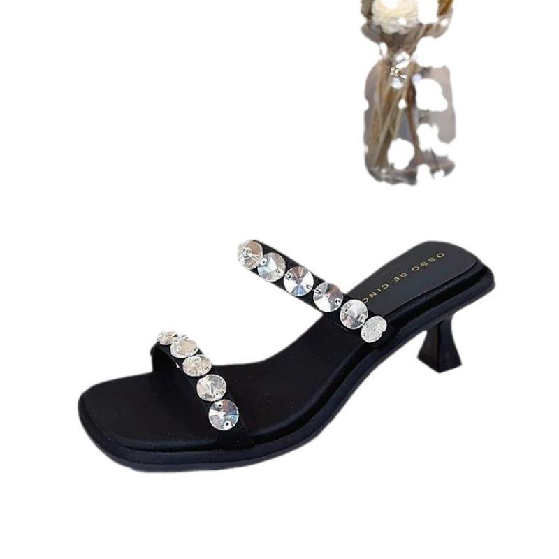 Fashion Hot Selling Female Shoes Ladies' Slippers Glitter Slides Women Heels Rubber Flops Square Heel Fashion 2025 Jelly High Hawaiian