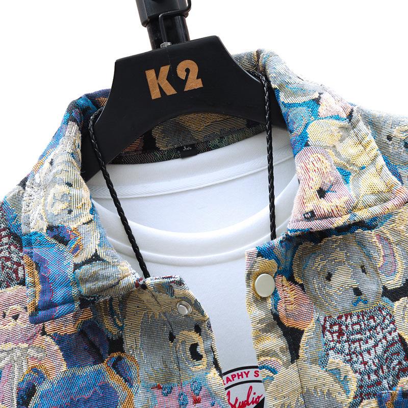 Men's Trendy Denim Bear & Flower Jacket - Cotton, Loose Fit, Wear-Resistant, Big Sizes Available