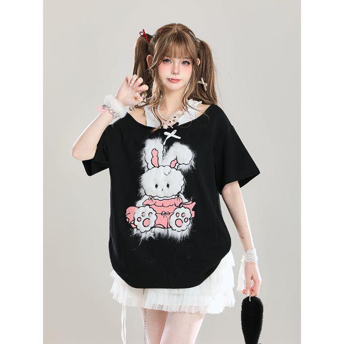 

Girls Cute Rabbit Off-Shoulder Two-Piece Look Short-Sleeve Summer Top XXL чорний