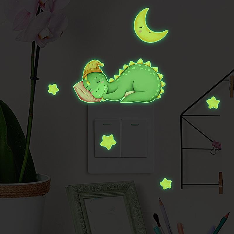 Glow-in-the-dark Dinosaur, Sun, And Moon Light Switch Stickers For Bedroom And Living Room Decorative Walls.
