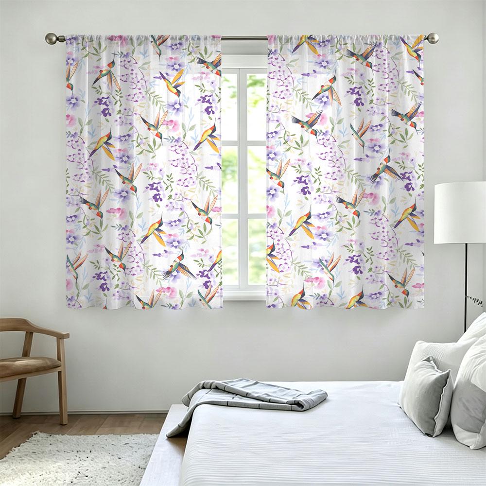 2Pcs Rod Pocket Curtain Light Block Privacy Drape Living Bedroom Hummingbird Floral Print Window Curtain For Home Decor