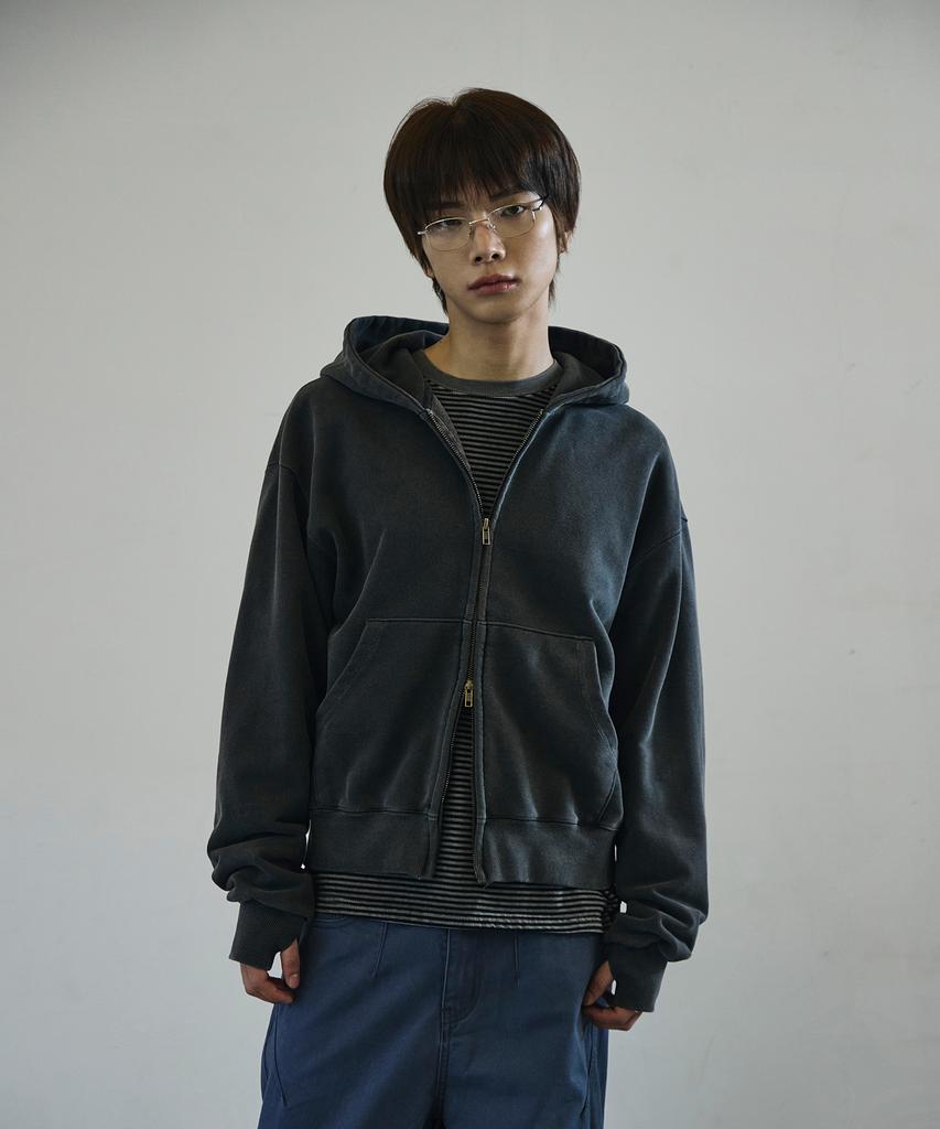 Scrattle_Pixel Vtg Crop Layer Pigment Hoodie Zip-Up [Black]