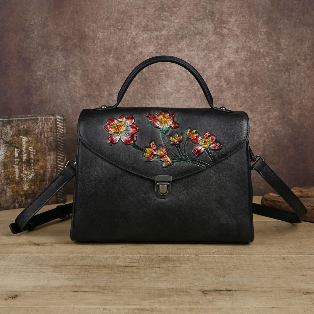 Johnature Chinese Style Genuine Leather Retro Embossed Women's Handbag With Large Capacity Shoulder Crossbody Bag