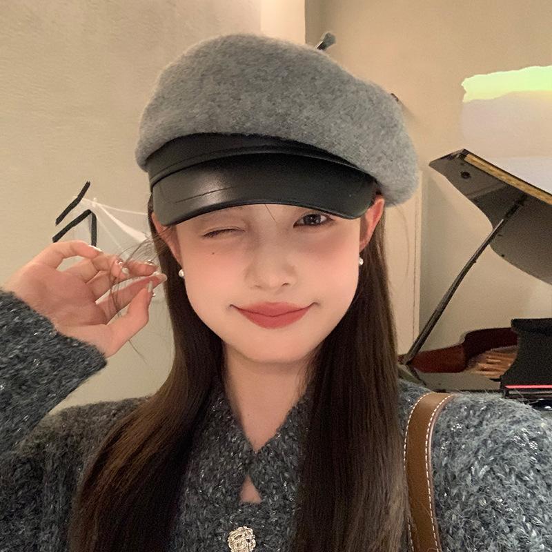 Simple PU Leather Brim Octagonal Hat Women's Autumn and Winter Woolen Peaked Cap Versatile Newsboy Hat