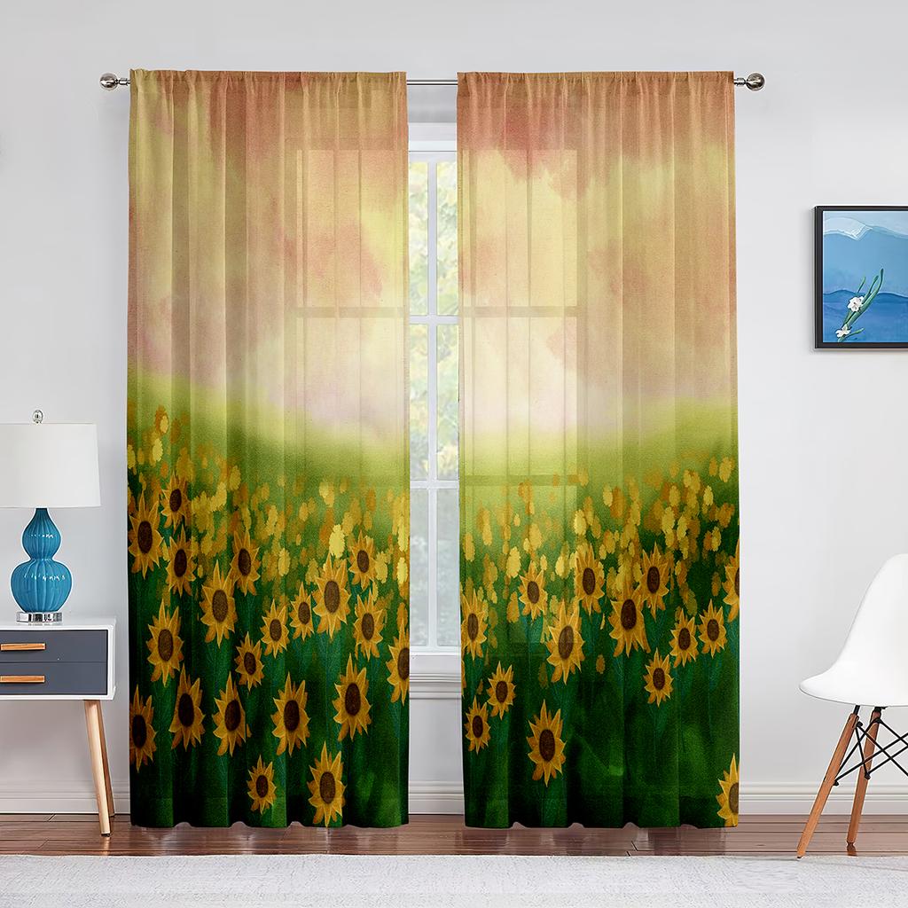 Sonnenblume Transparenter Voile Vorhang Ölgemälde Kunst Thema Bedruckte Chiffon Tüll Vorhänge für Wohnzimmer Schlafzimmer Küchendekoration