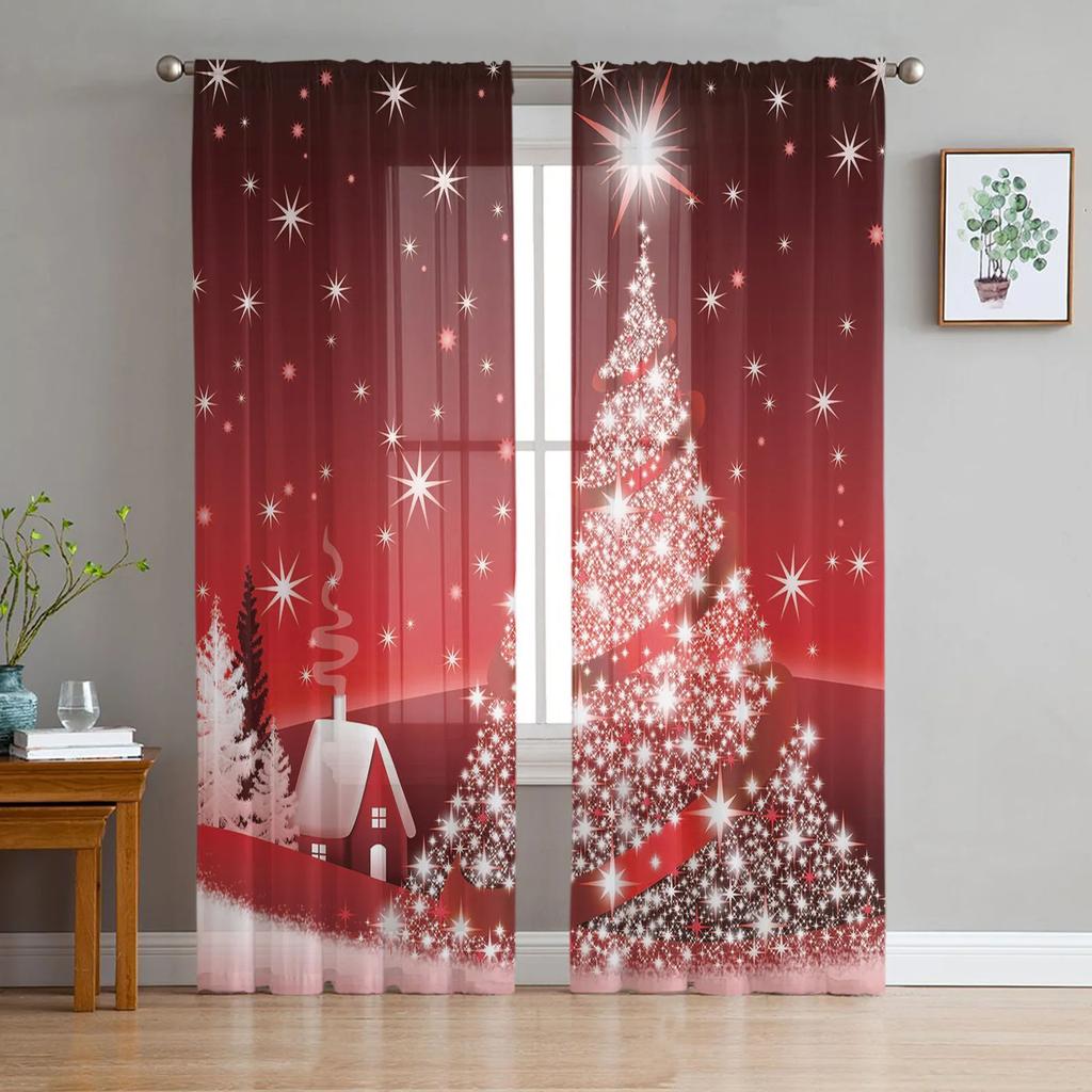 Christmas Tree Print Curtain Bedroom Living Room Cafe Xmas Snowflake Winter Semi Drape Voile Window Treatment Sheer For Sitting Made Of Polyester