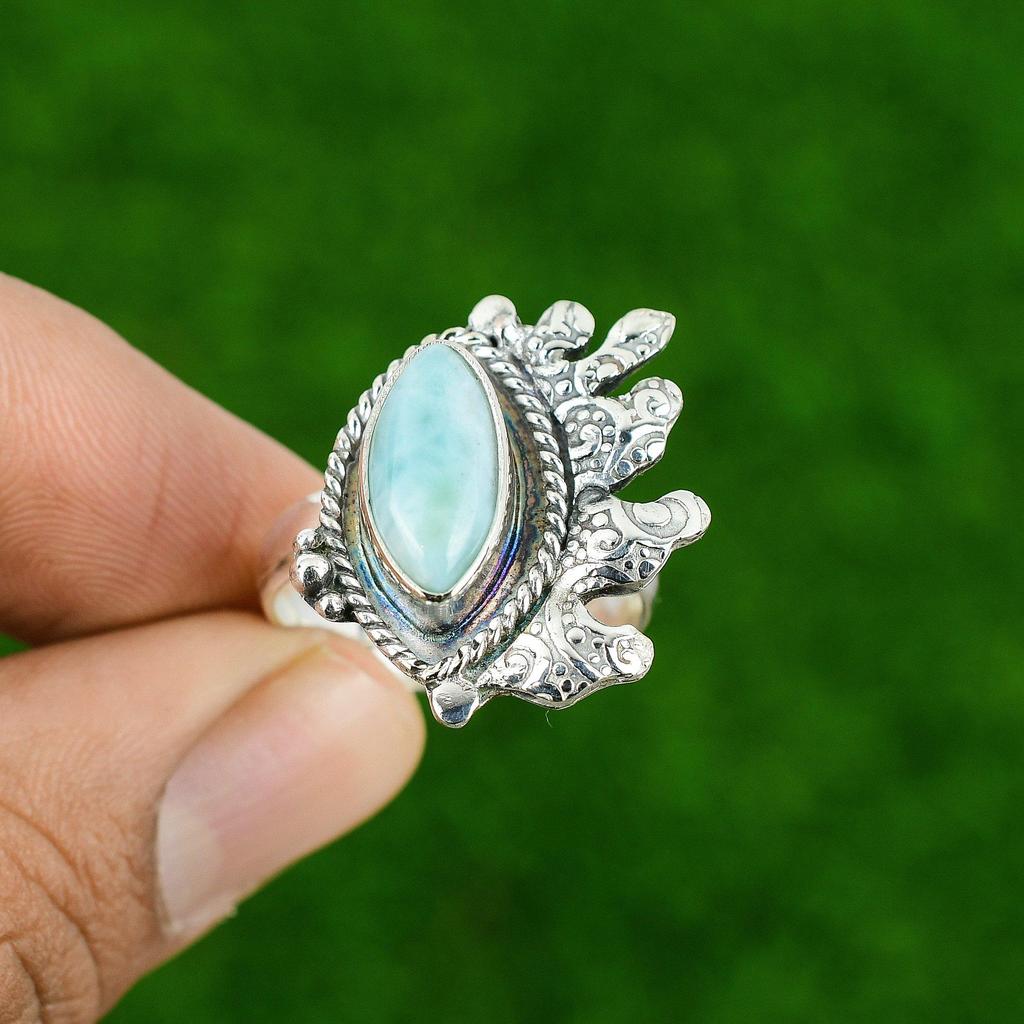 Anniversary Gift For Her Natural Larimar Multi Stone Adjustable Ring 925 Silver