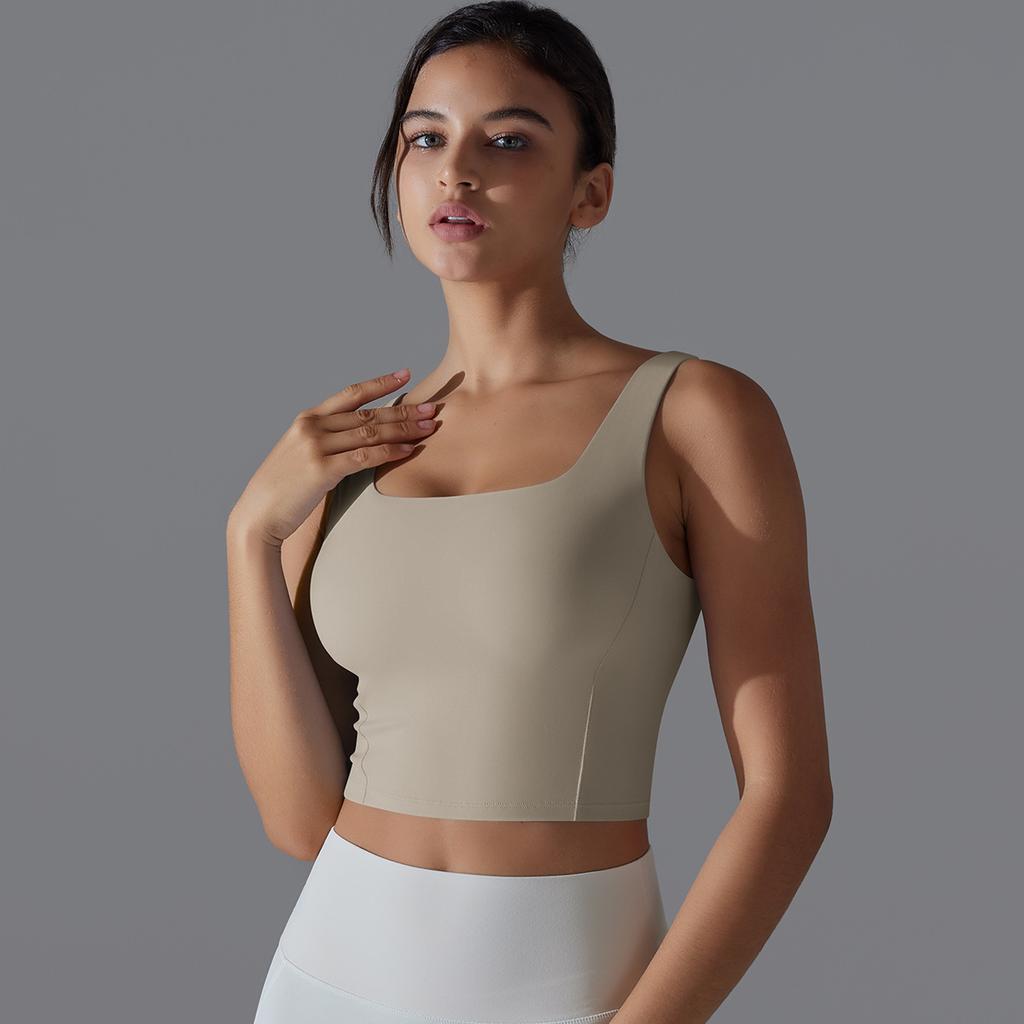 New Naked One Piece Fixed Cup Yoga Clothing For Women, Sleeveless Short Sports Underwear, Wide Shoulder Strap Yoga Tank Top