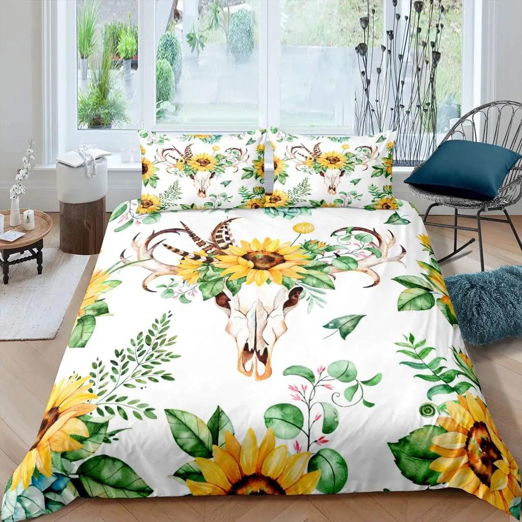 Bull Skull Duvet Cover Chic Feather Bedding Bohemian Exotic Branches Flower for Kids Teens Women Men Room Decoration Quilt Cover