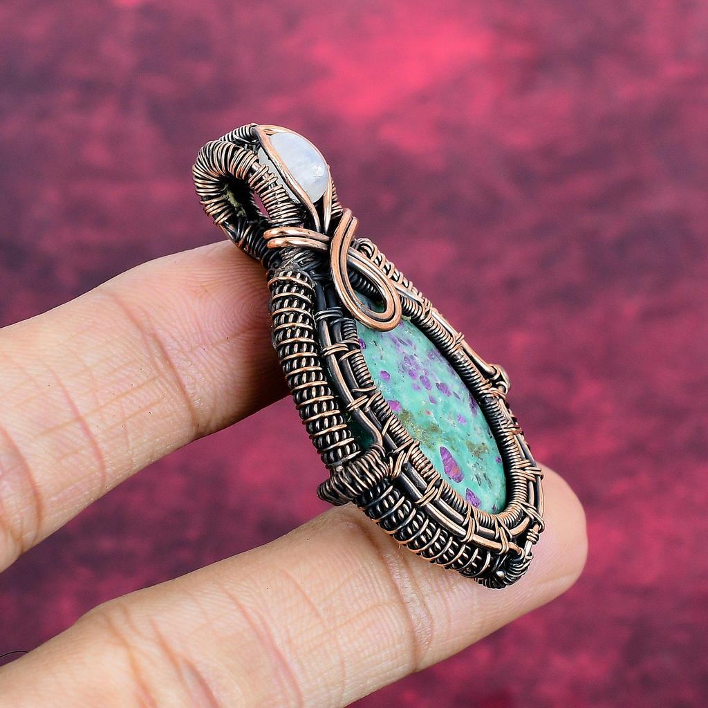Ruby Fuchsite And Rainbow Moonstone Pendant Copper Wire Wrapped Gemstone Jewelry