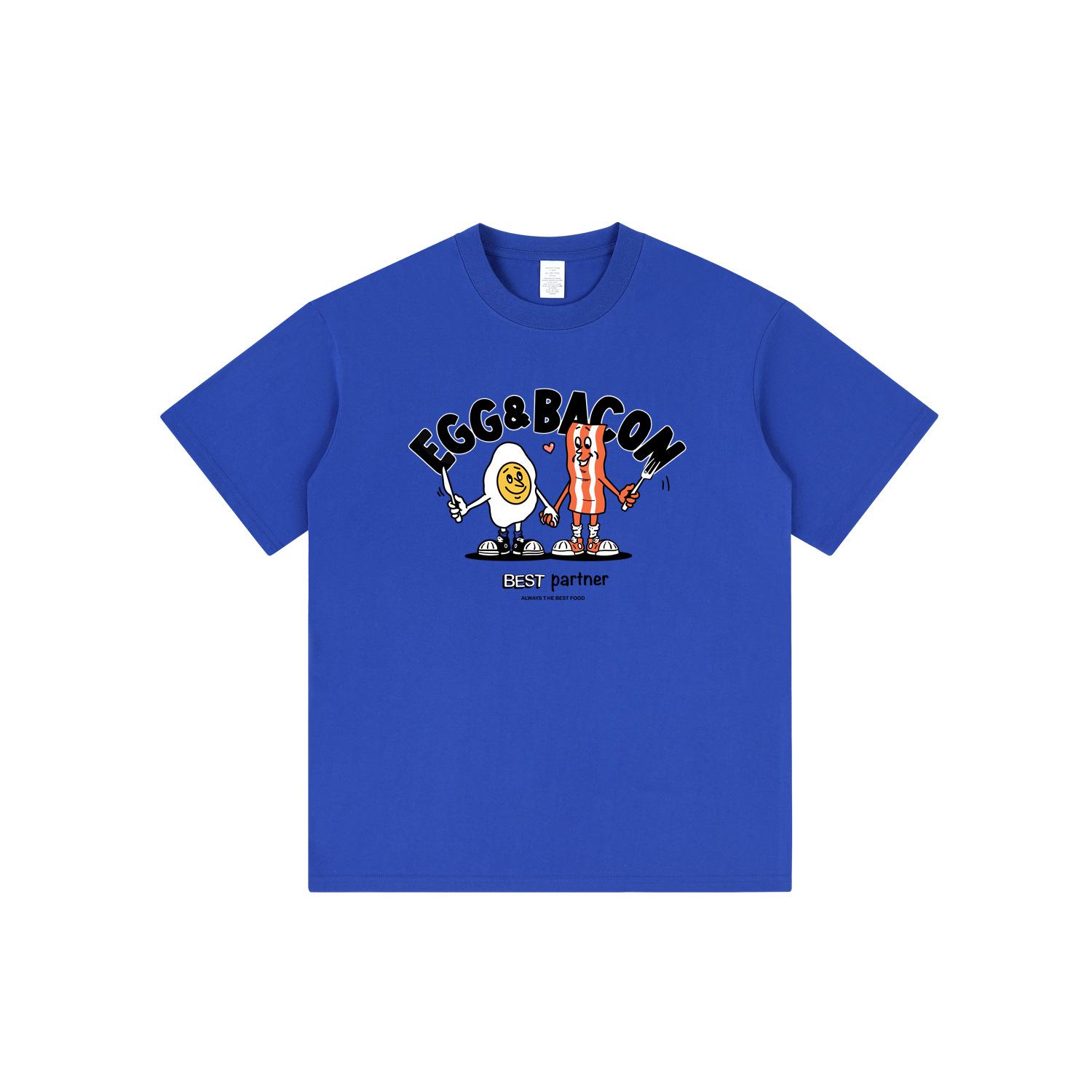 

2024 Summer Cartoon Food Print Round Neck Couple T-shirt Small синий
