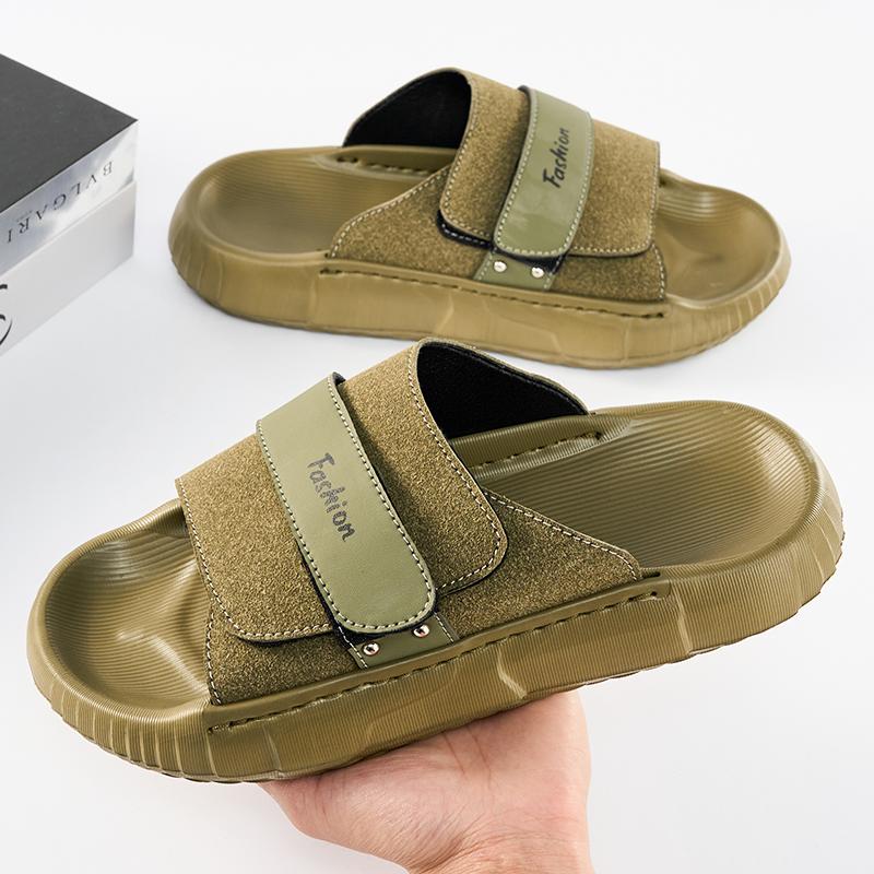 Fashion Summer Trend New Men's Green Black Suede Leather Platform Casual Shoes Breathable Beach Sandals Outdoor Slippers