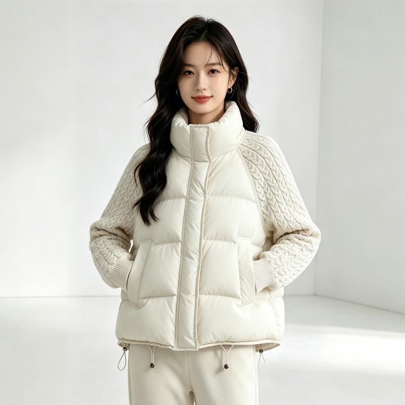 Womens Short Stand Collar Knit Panel Puffer Jacket Winter Warm Loose Cotton Coat