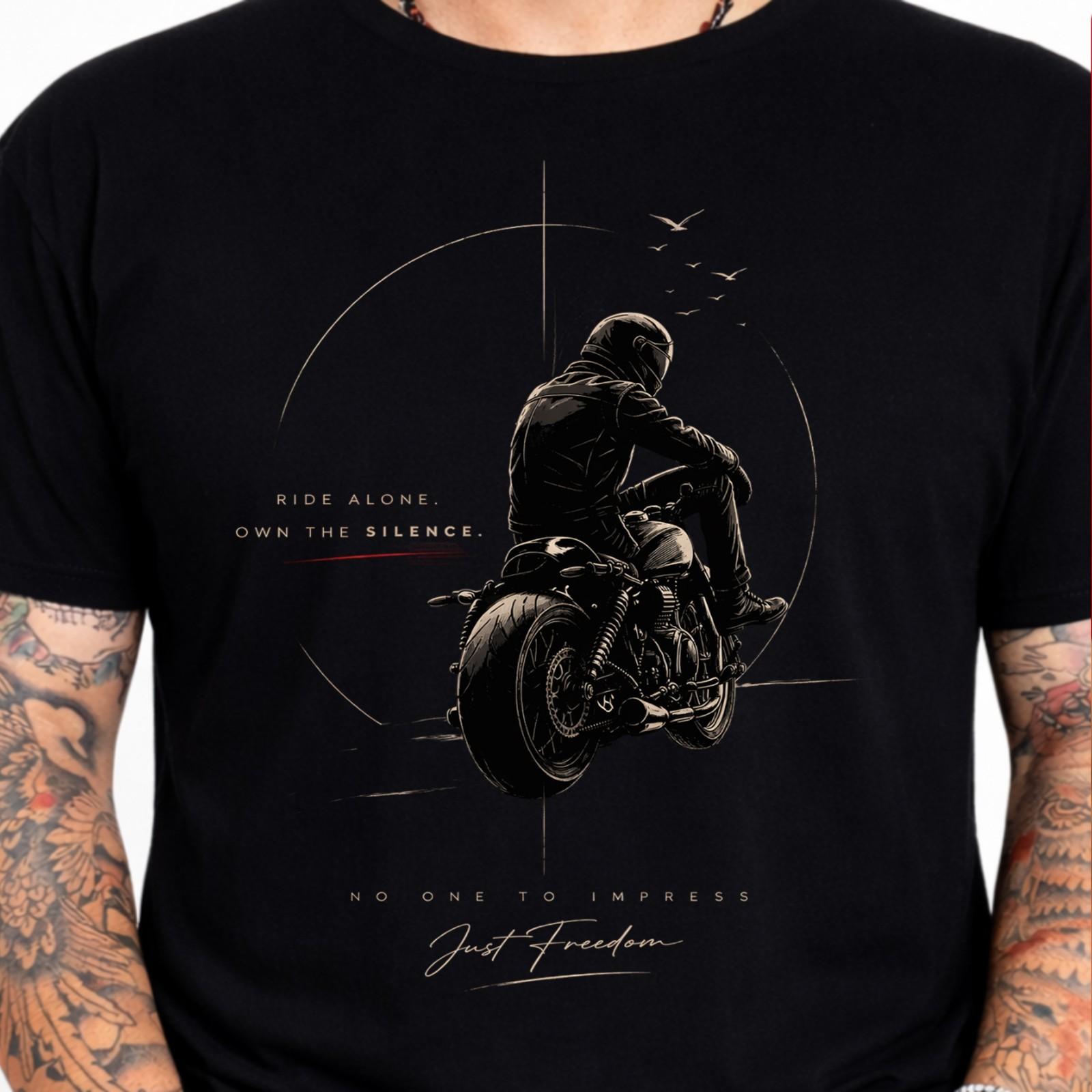Ride Alone Own the Silence Lone Biker T-Shirt Motorcycle Freedom Graphic Tee . XS