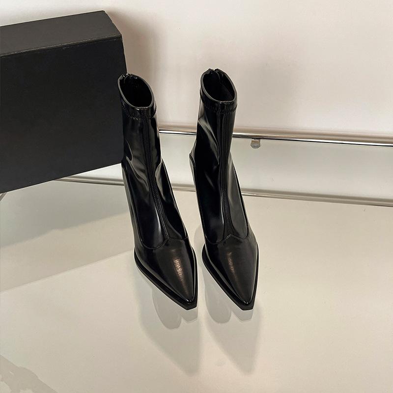 

High-heeled pointed short boots, autumn and winter, European and American thin-heeled splicing bare boots, thin boots, retro brown short boots 39 чорний