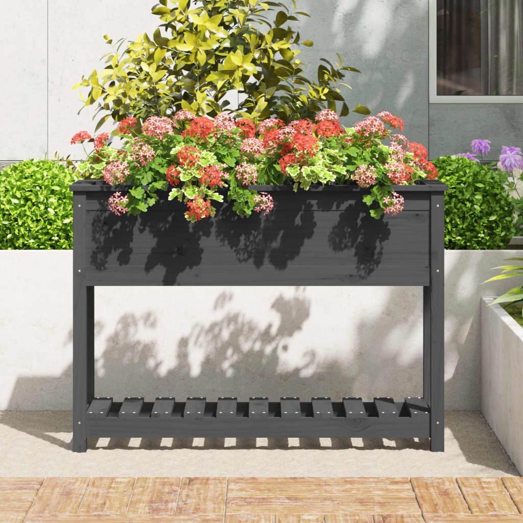 Planter with Shelf Gray 111.5 x 34.5 x 81 cm Solid Pine Wood
