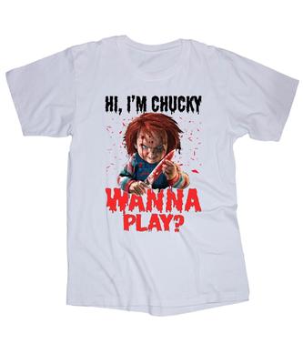 Hi, I'm CHUCKY White T-shirt Childs Play Scary Movie Halloween Wanna Play Horror