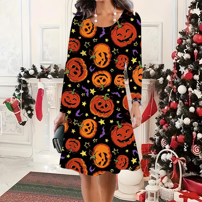 Novo Vestido Casual de Gola Redonda Feminino Outono & Inverno 2025 Estampa 3D de Halloween Presente Ideal de Halloween Natal