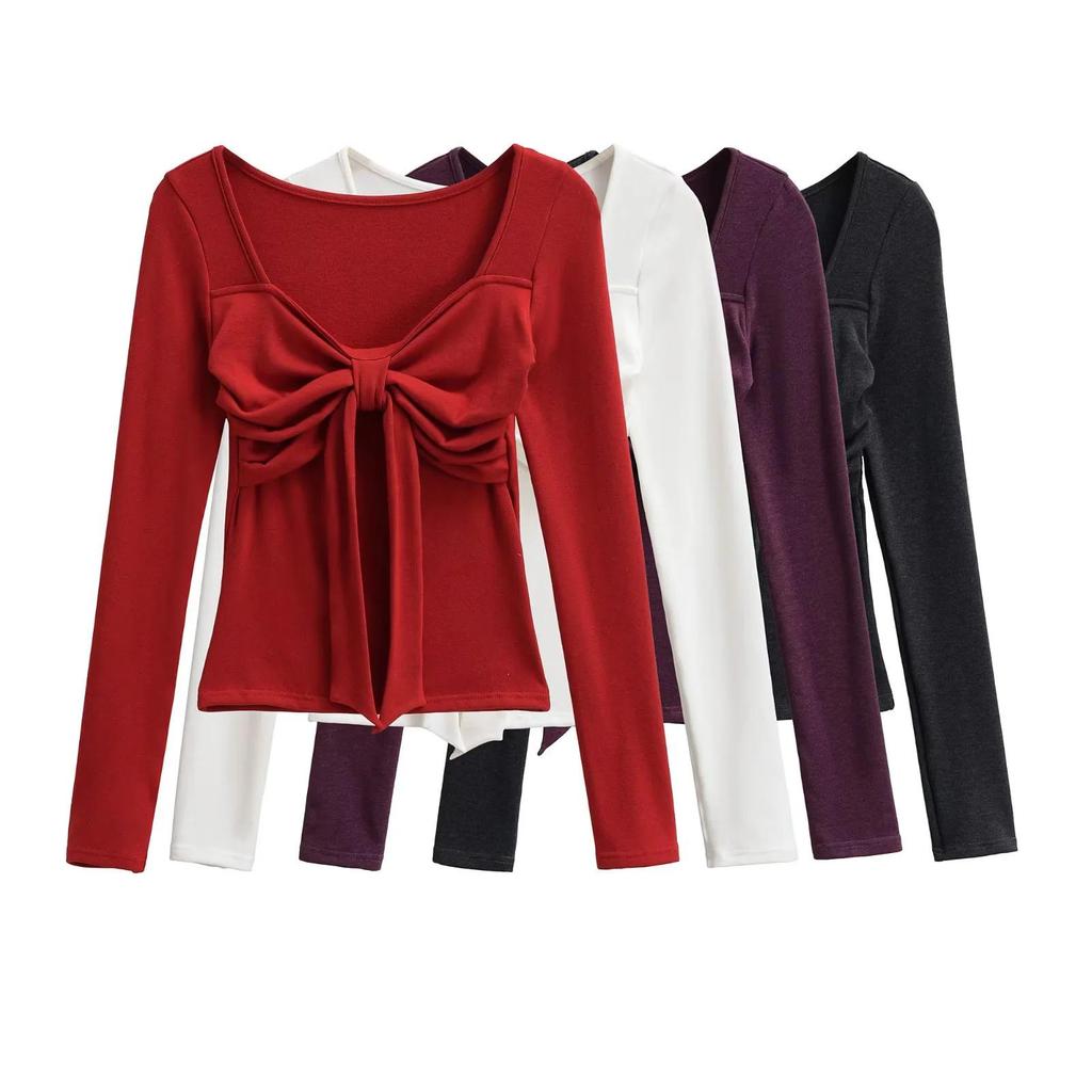 Sweet & Spicy Square Neck Bow Long Sleeve Women's Slim Fit Top