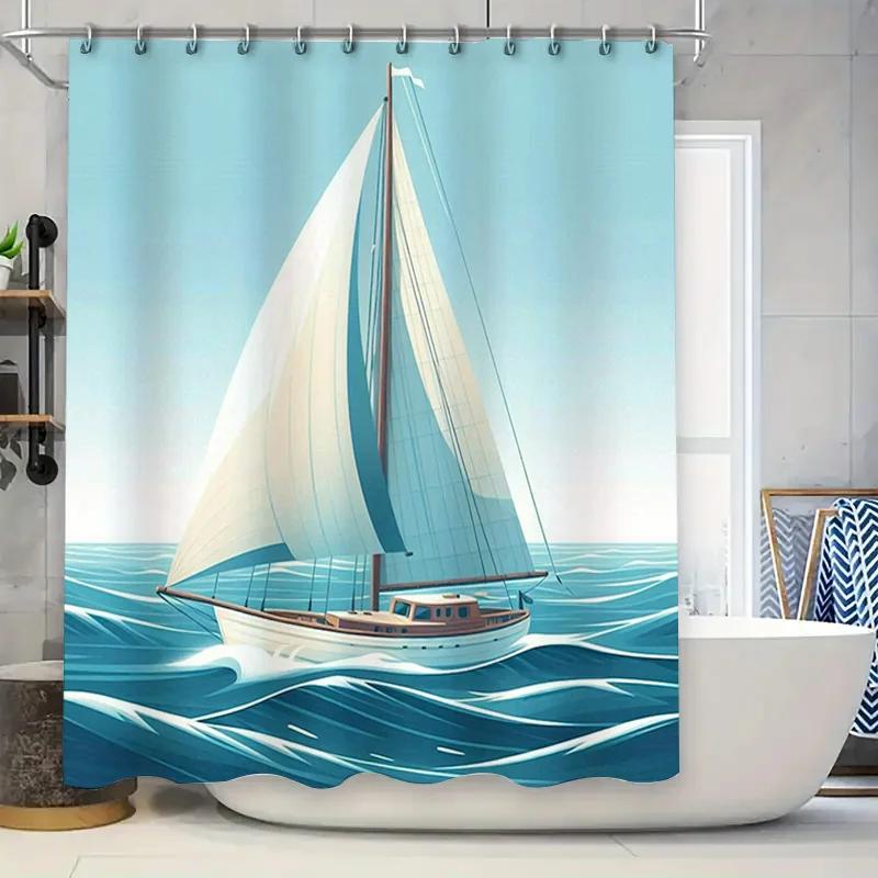 Sailboat Bath Shower Curtain Waterproof Fabric Decorative Home Bathroom Decor (Light Blue White)