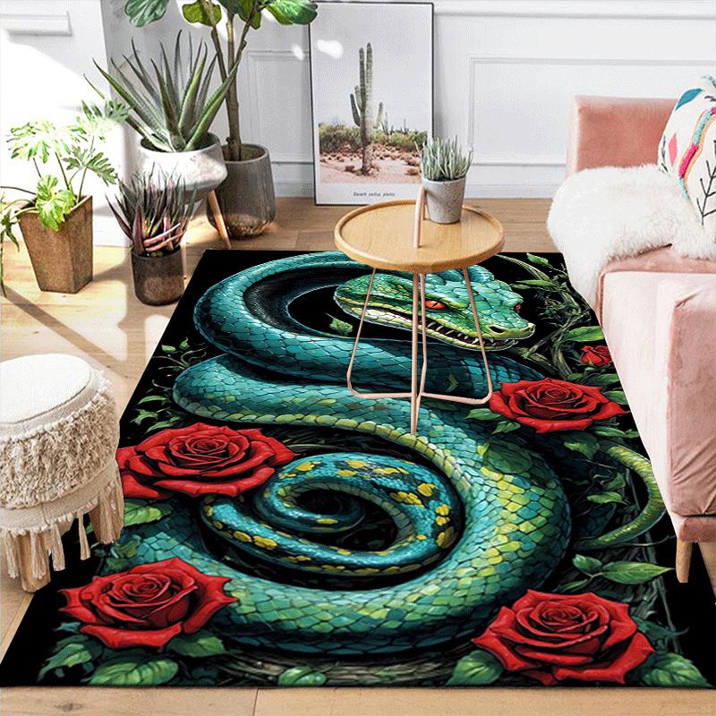 1pc Rose and Green Snake Design Indoor Area Rug - Soft, Anti-Slip, and Durable Gaming Room Decor for Bedroom