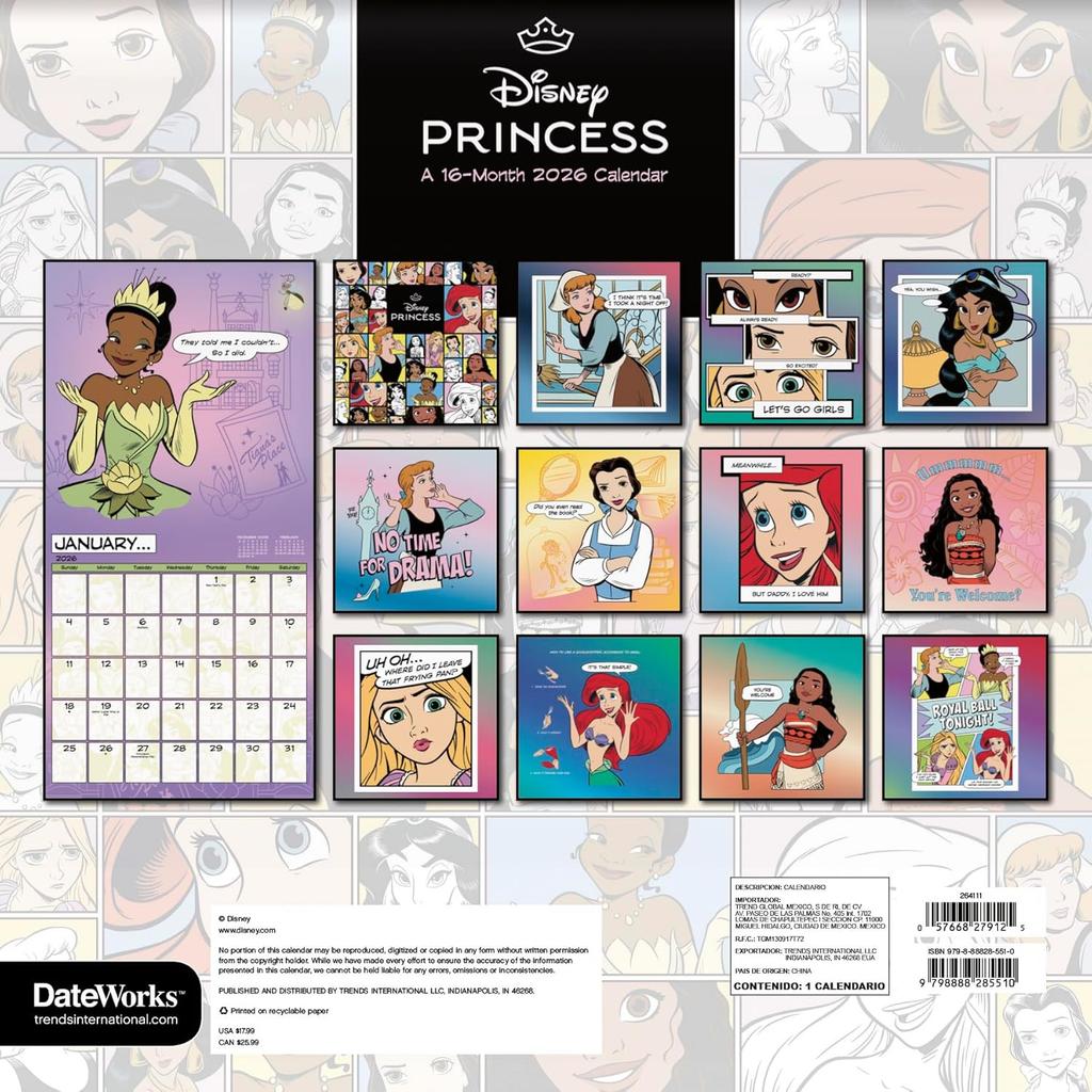 Disney Princess Calendar 2026 - Deluxe 2026 Princesses Wall Calendar Bundle with Over 100 Reminder Stickers Featuring Ariel, Belle, Cinderella, More