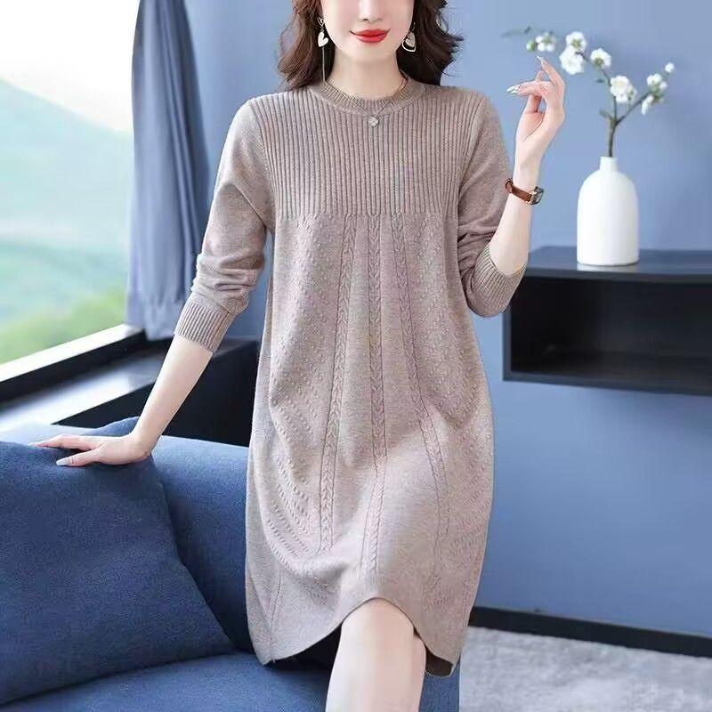 Korean-style Loose Mid-length Pullover for Women Spring Autumn and Winter Knitted Dress Solid Color Casual Sweater
