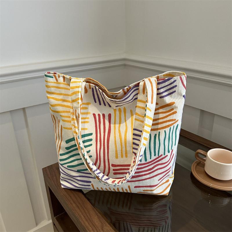 Fashionable Corduroy Canvas Tote Bag With Colorful Stripes And Large Capacity