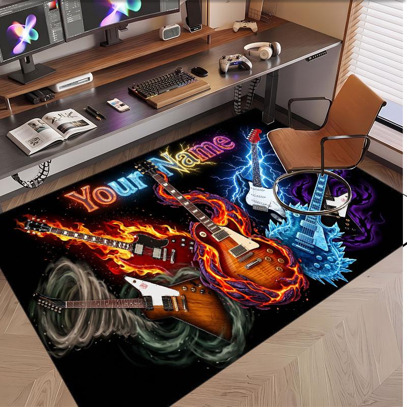 Music Guitar Theme Soft Crystal Velvet Rug Custom Name & Text Print Non Slip Floor Rug for Bedroom Living Room