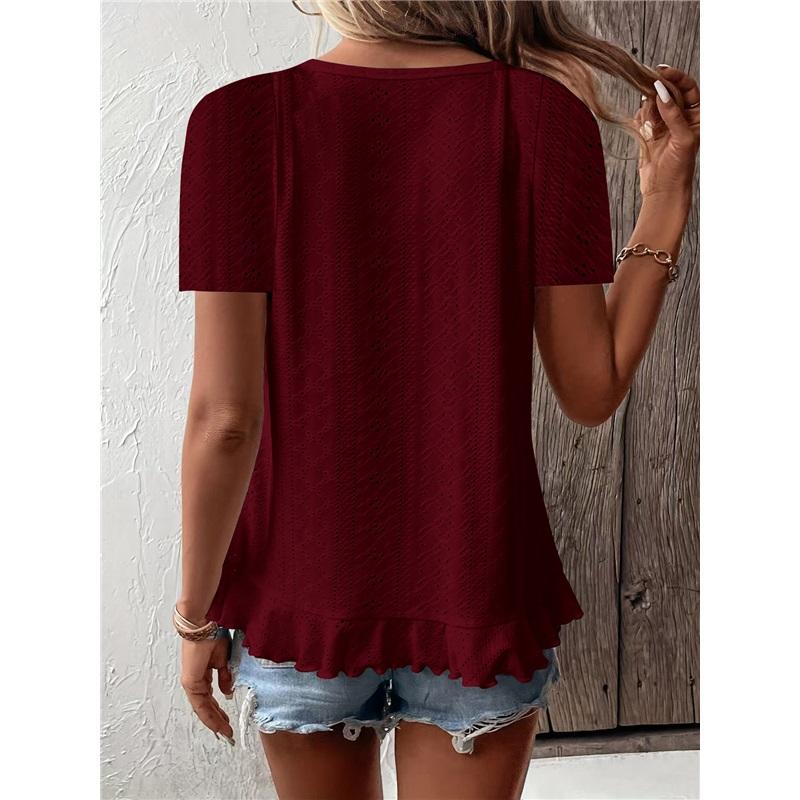 Women's Casual Hollow Out Ruffle Hem T-Shirt - Short Sleeve Round Neck Solid Color Top