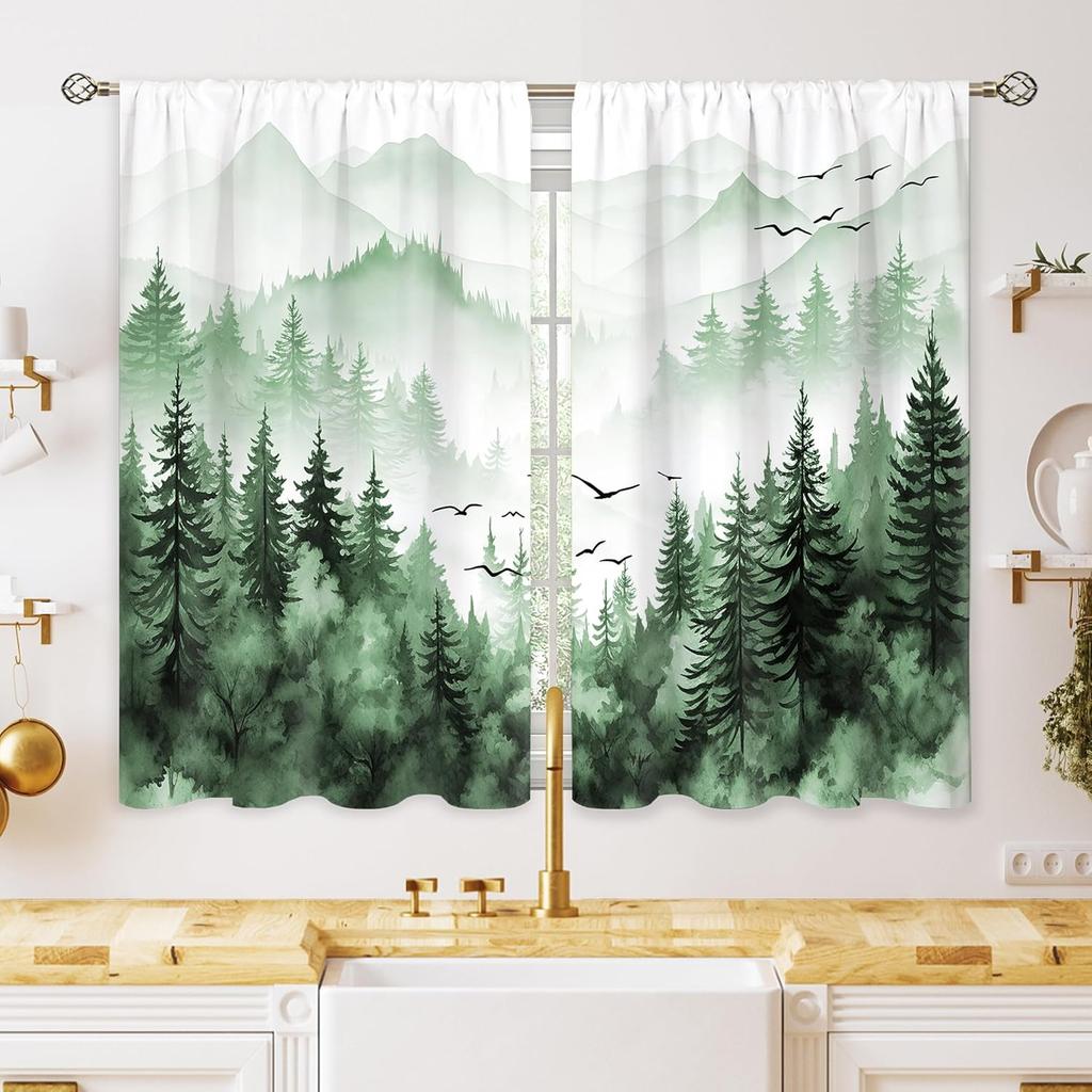 Green Boho Flower Small Kitchen Curtains Flower Plant Window Treatment Botanical Herb Chic Rod Pocket Cafe Short Window Curtains