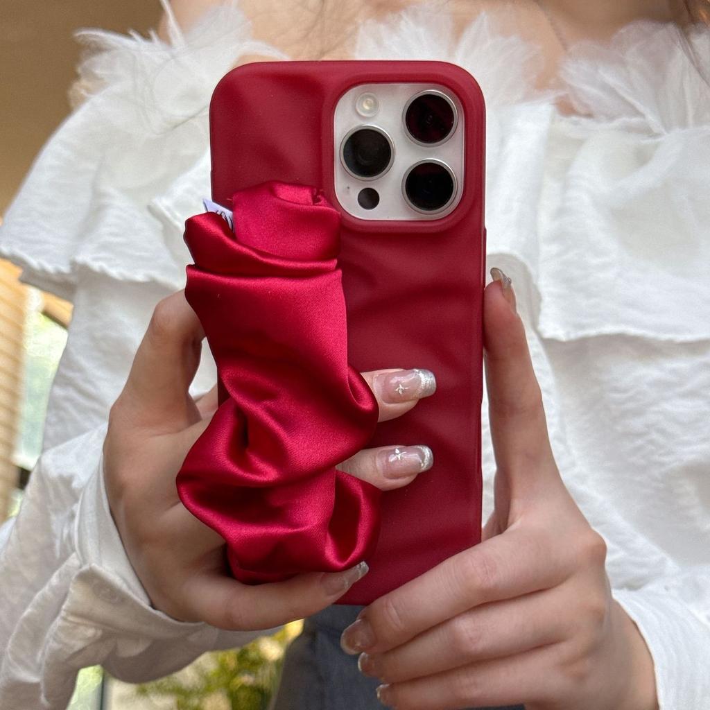 Minimalist Irregular Wrinkle Phone Case with Silk Scarf Wristband for iPhone 11-17 Series, TPU Shockproof Cover with Skin-Friendly Matte Finish