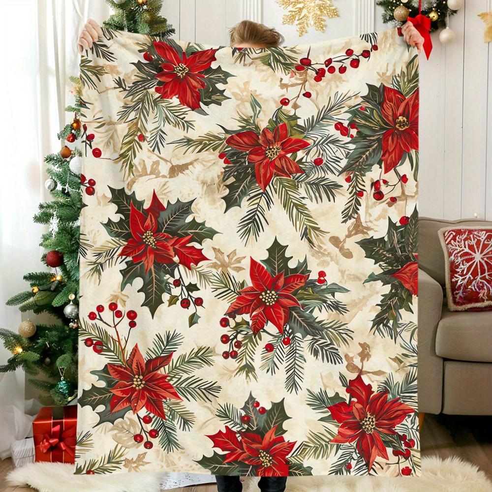 Christmas Elements 1pc, Vintage oil painting style, holly, poinsettia, plants, flowers, Christmas, print blanket soft and warm b