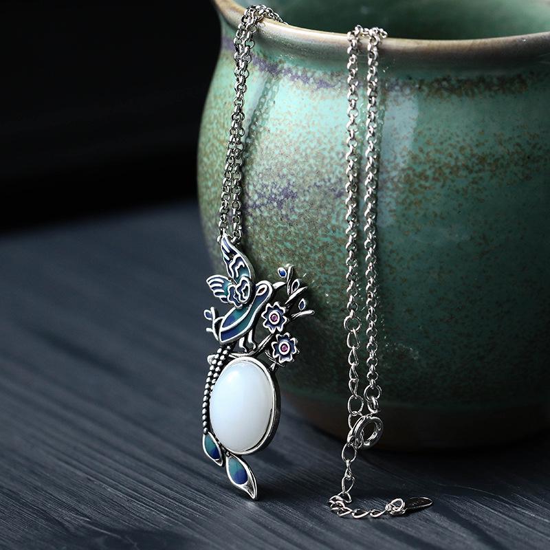 Artistic Thai Silver Enamel Magpie & Jade Pendant Necklace