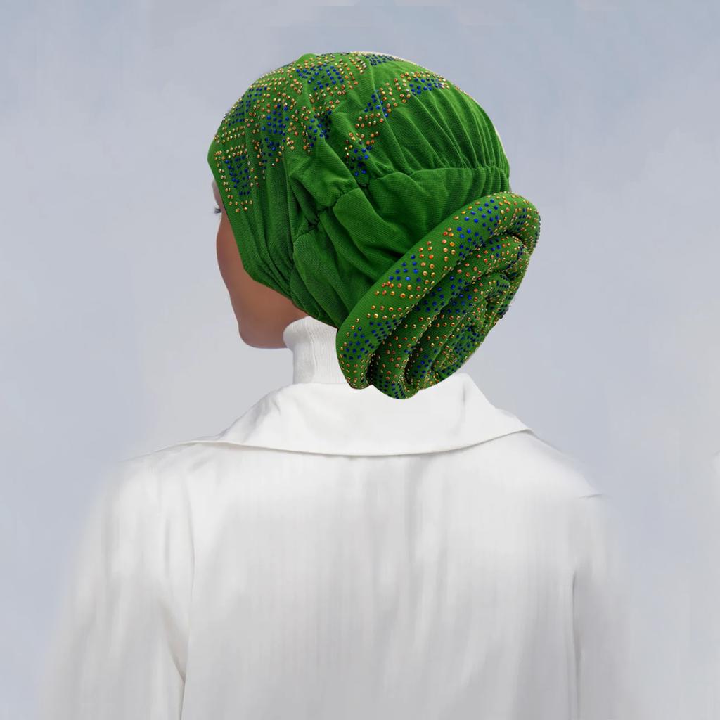 Full Diamonds Women's Donut Turban Cap Elastic Muslim Headscarf Bonnet Female Headband Hat African Caps Lady Hair Accessories