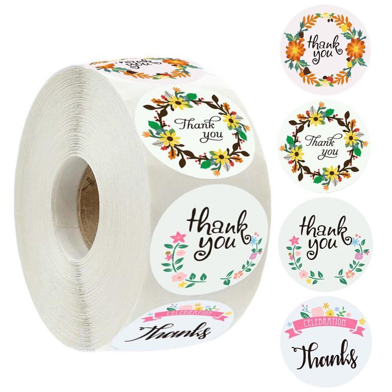 500 Pcs Floral Round Thank You Stickers Adhesive Labels Waterproof for Wedding Party Decorations Boutiques Wrapping Supplies