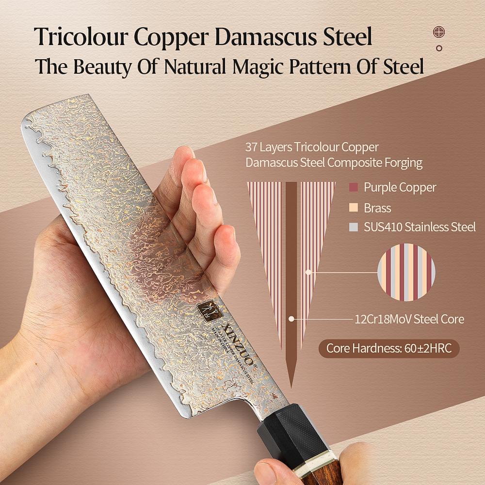 XINZUO Newest Style 7'' Inches Nakiri Knife 37 Layers Real Tricolour Copper Damascus Steel Kitchen Butcher Cleaver Fish Knife