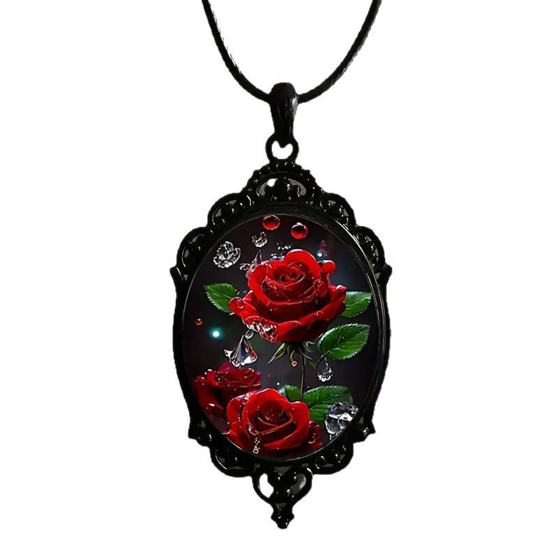 Red Rose Flower Pattern Oval Glass Pendant Necklace