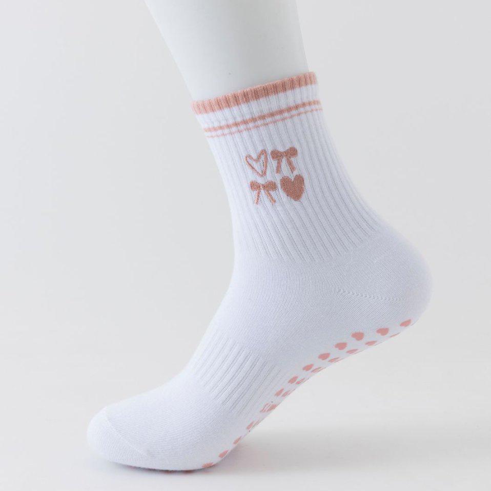 Women's Mid-Calf Non-Slip Yoga Socks with Bow and Heart Embroidery