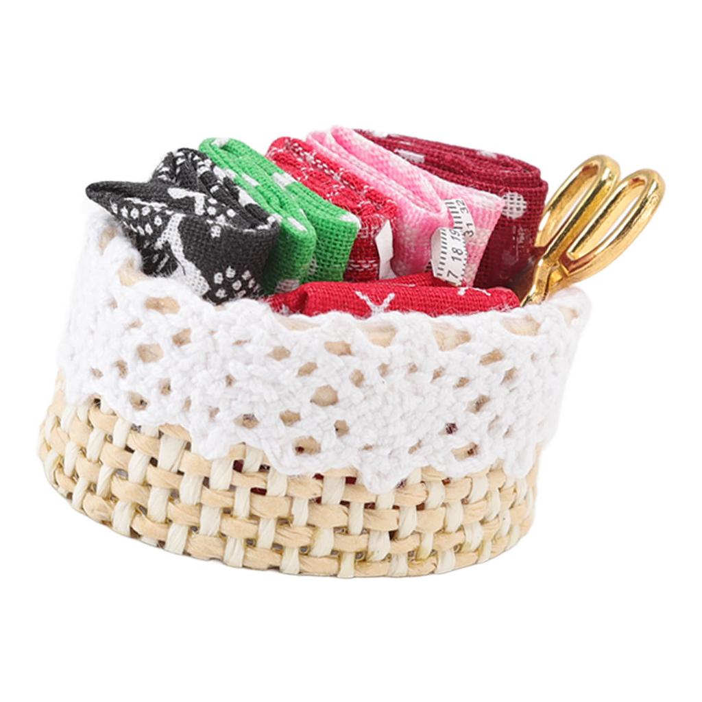1:12 Dollhouse Sewing Kit Simulation Fabric Scissors Tape Measure Miniature Sewing Basket for