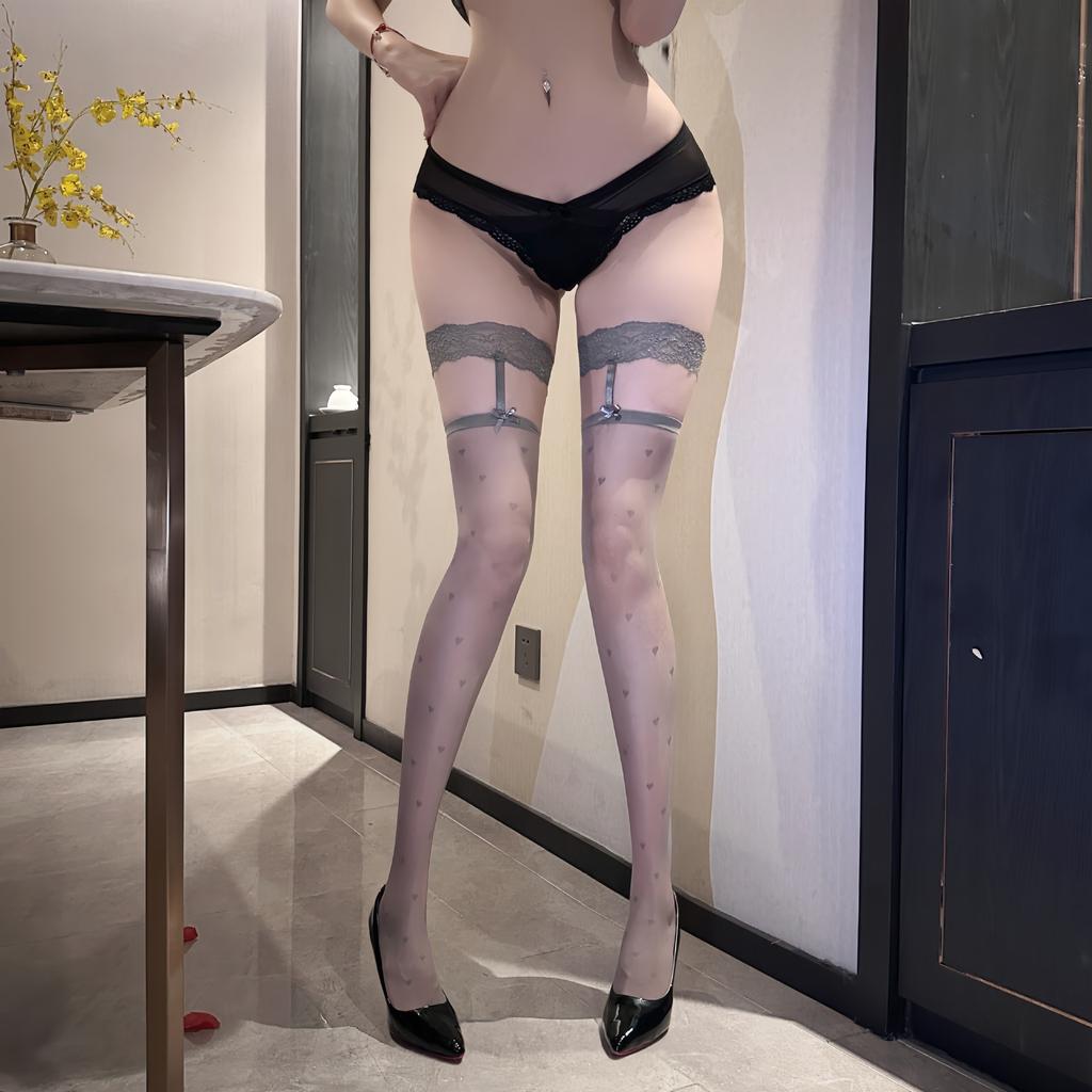 Sexy Lace Over Knee Stockings With Heart Bow Leg Ring For Women